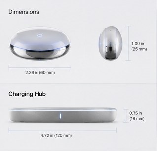 Dimensions: Speak is 2.36 inches (60 mm) wide and 1.00 inch (25 mm) tall; the charging hub is 4.72 inches (120 mm) wide and 0.75 inches (19 mm) tall