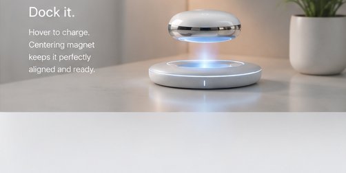 Dock it. Hover to charge. Centering magnet keeps it perfectly aligned and ready.