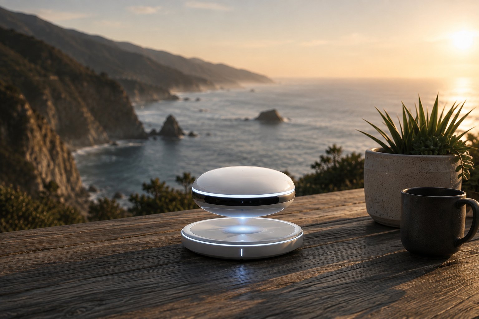 ChatGPT Speak hovering above its base on a weathered wood table overlooking a coastal sunset